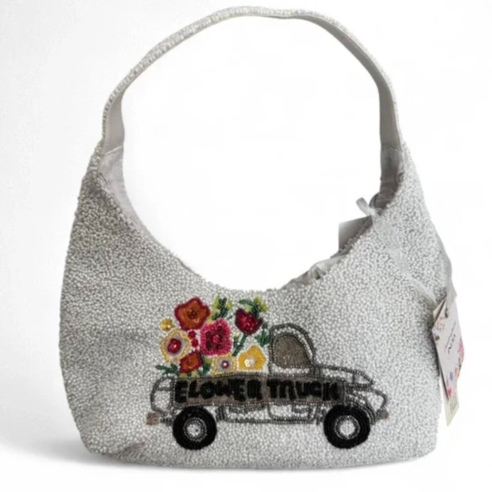 Handcrafted in India Flower Truck Butterfly Beaded Bag White NWT
